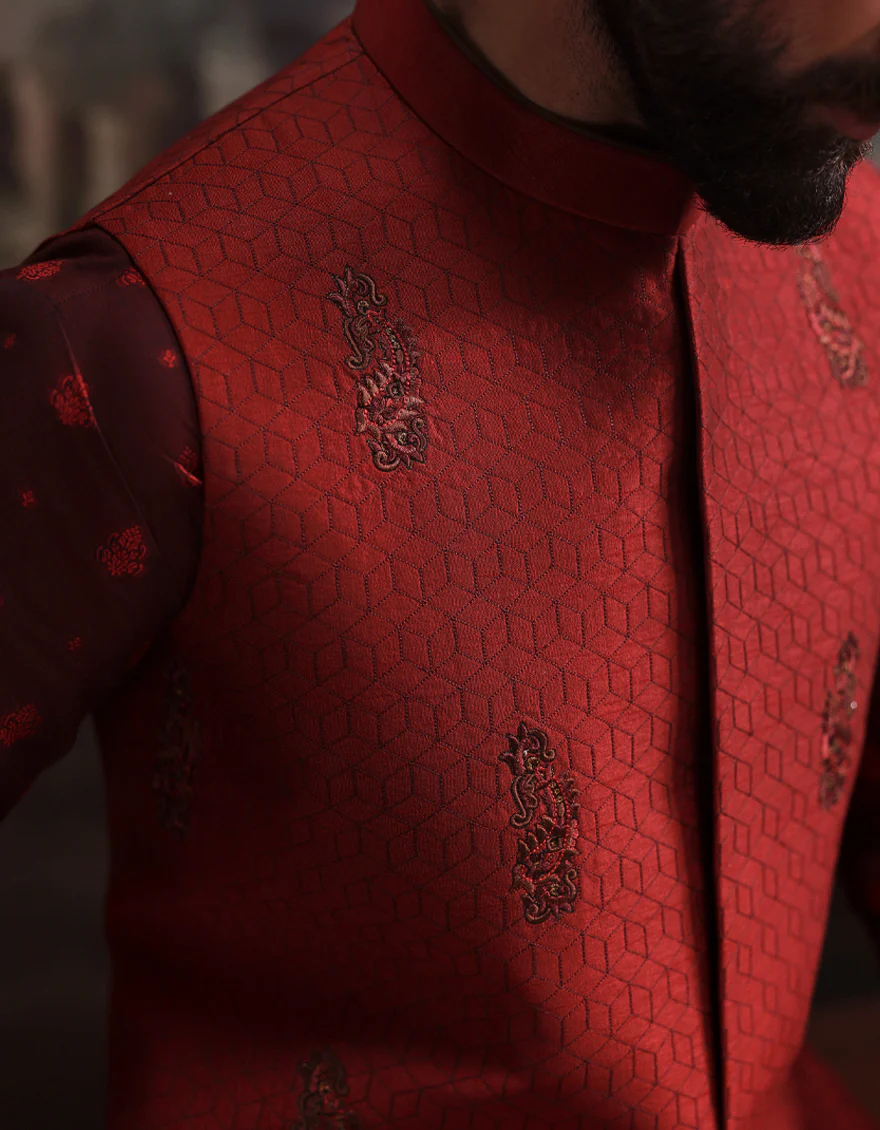 RED POLY-COTTON KURTA TROUSERS & WAISTCOAT | JJKPVC-A-48264/S25/JJ10140-FL - Image 4
