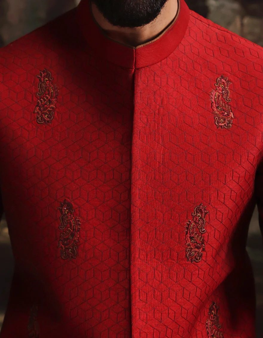 RED POLY-COTTON KURTA TROUSERS & WAISTCOAT | JJKPVC-A-48264/S25/JJ10140-FL - Image 5