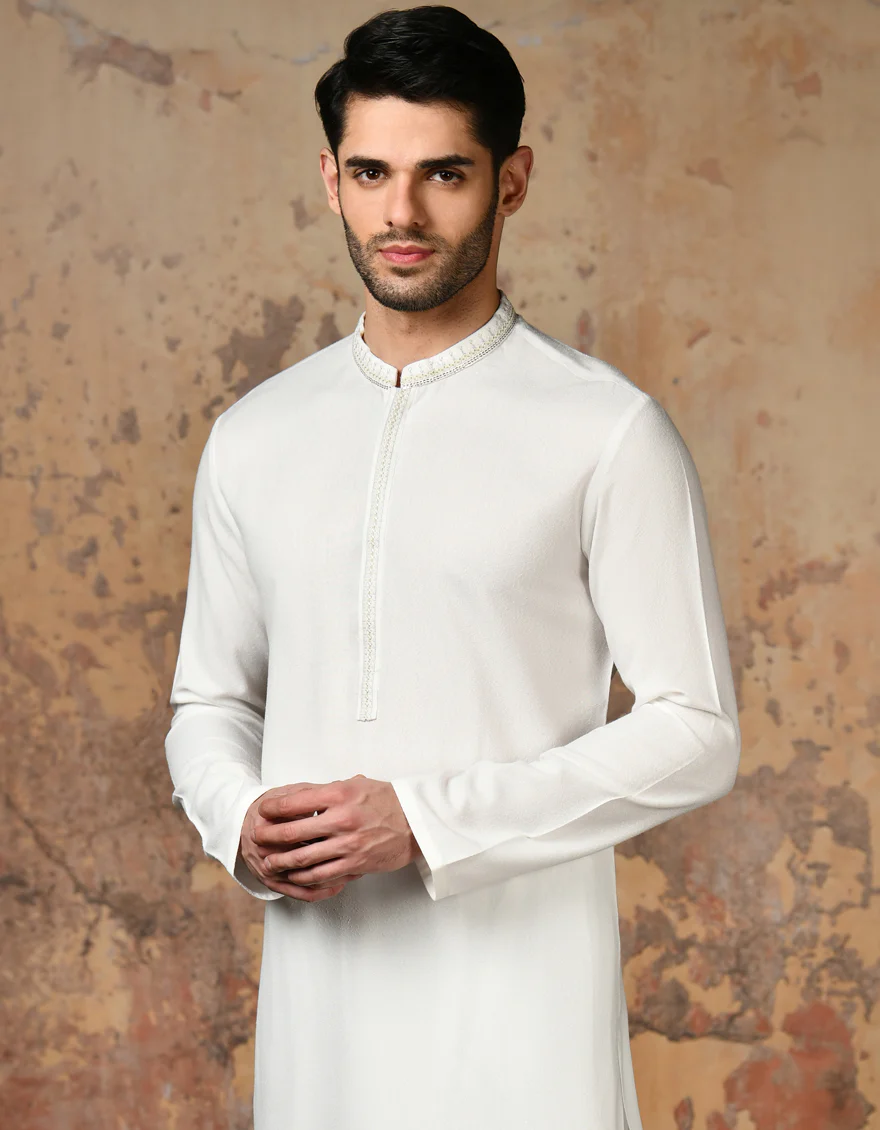 WHITE BLENDED KAMEEZ SHALWAR | JJKS-A-32909/S24/JJ9 - Image 2