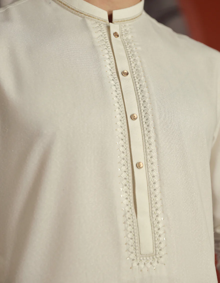 WHITE BLENDED KAMEEZ SHALWAR | JJKS-A-33068/S24/JJ9427-FL - Image 2