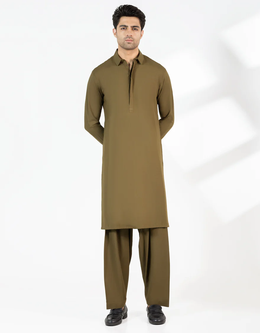 OLIVE GREEN BLENDED KAMEEZ SHALWAR | JJKS-A-33460/S25/JJ10028-CL