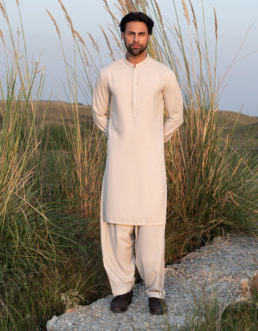 LIGHT BEIGE BLENDED KAMEEZ SHALWAR | JJKS-A-47341/S24/JJ9922-SF - Image 4