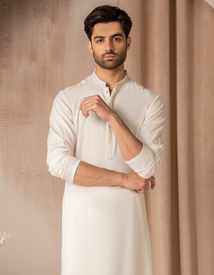 WHITE BLENDED KAMEEZ SHALWAR | JJKS-A-47443/S25/JJ9899-FL - Image 2