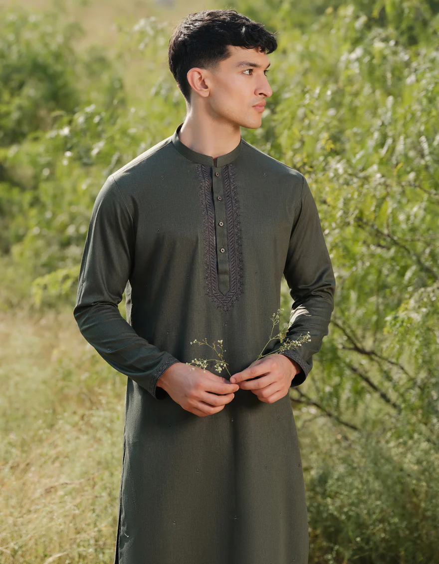 DARK GREEN BLENDED KAMEEZ SHALWAR | JJKS-A-50039/S24/JJ9634-FL - Image 2