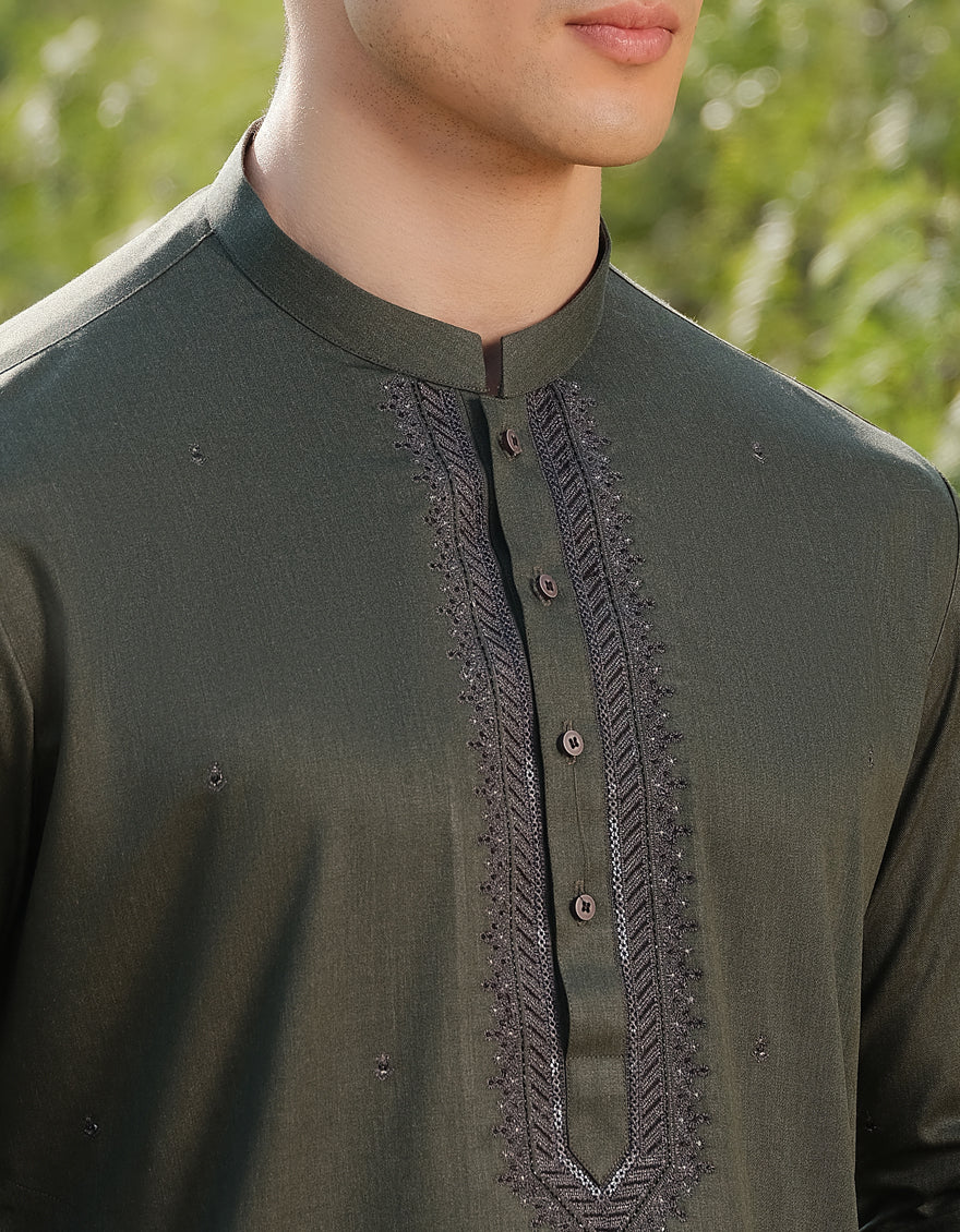 DARK GREEN BLENDED KAMEEZ SHALWAR | JJKS-A-50039/S24/JJ9634-FL - Image 3