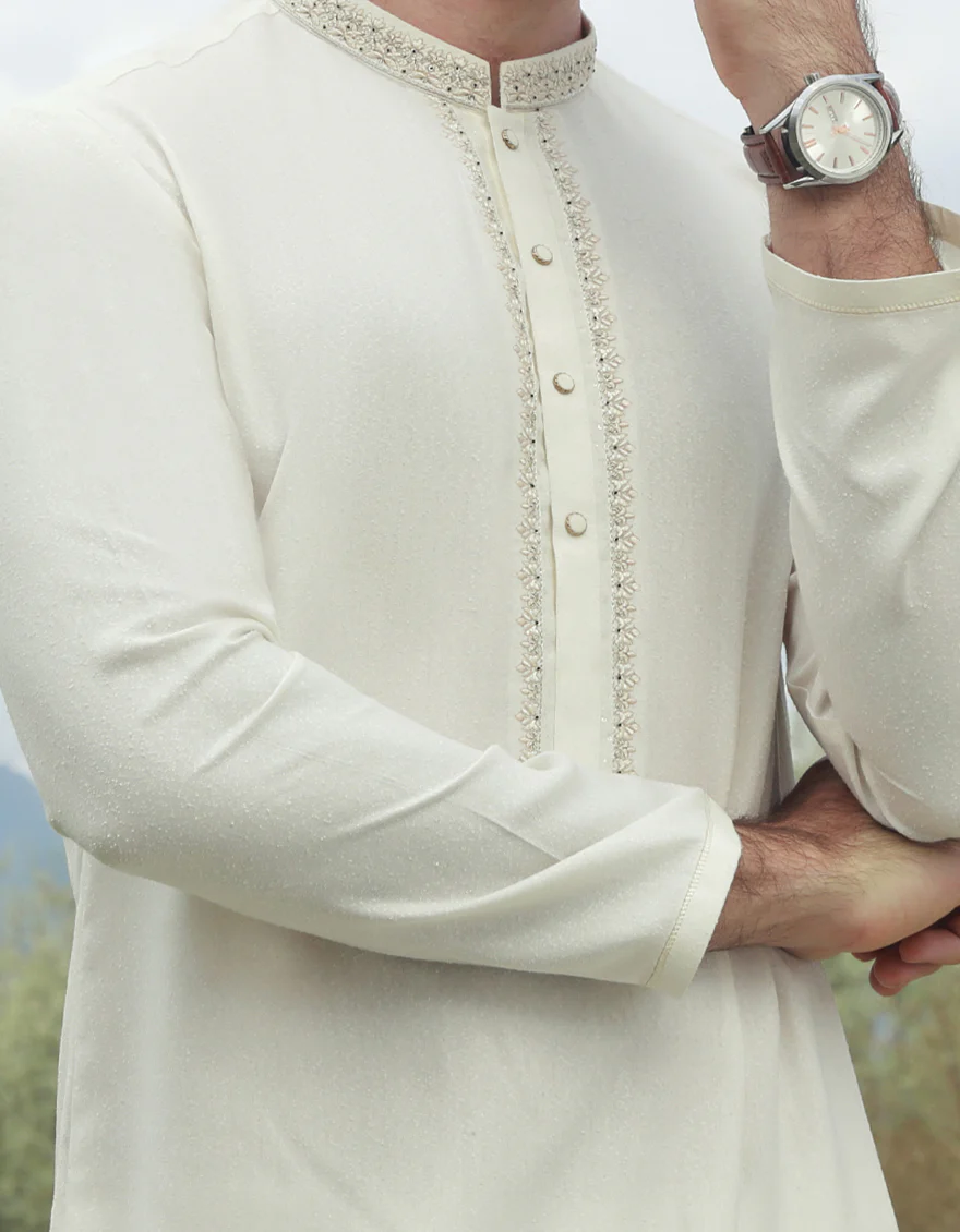 OFF WHITE BLENDED KAMEEZ SHALWAR | JJKS-A-US-32831/S23/JJ8712-FL - Image 2