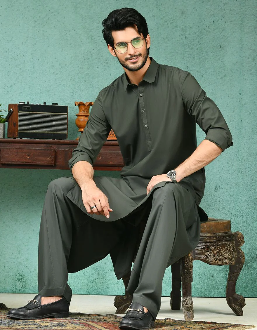DARK OLIVE KAMEEZ SHALWAR | JJKS-A-US-42239/S21/JJ7443-CL - Image 2