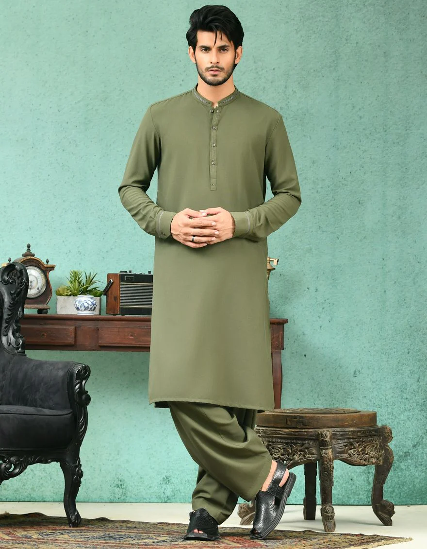 ARMY GREEN KAMEEZ SHALWAR | JJKS-A-US-43012/S21/JJ7480-CL - Image 3