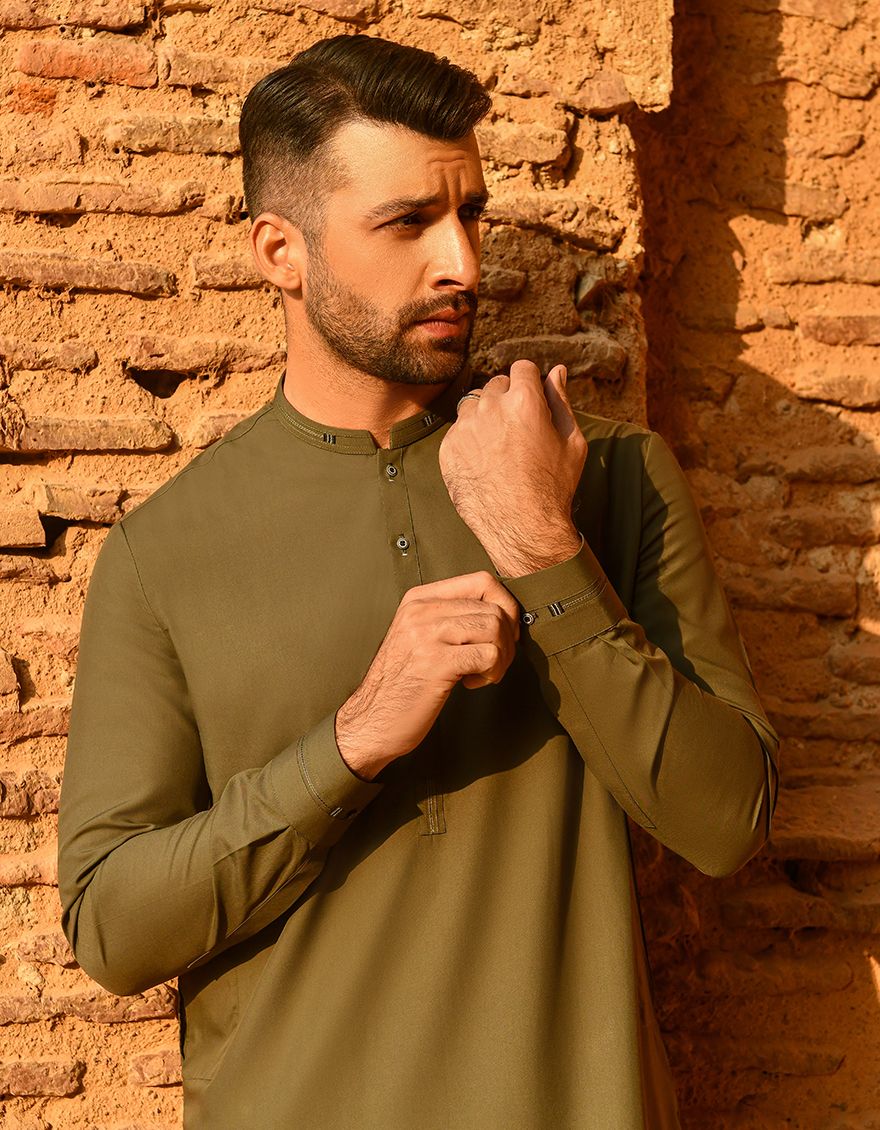 OLIVE GREEN KAMEEZ SHALWAR | JJKS-A-US-44013/S22/JJ8111-CL - Image 2