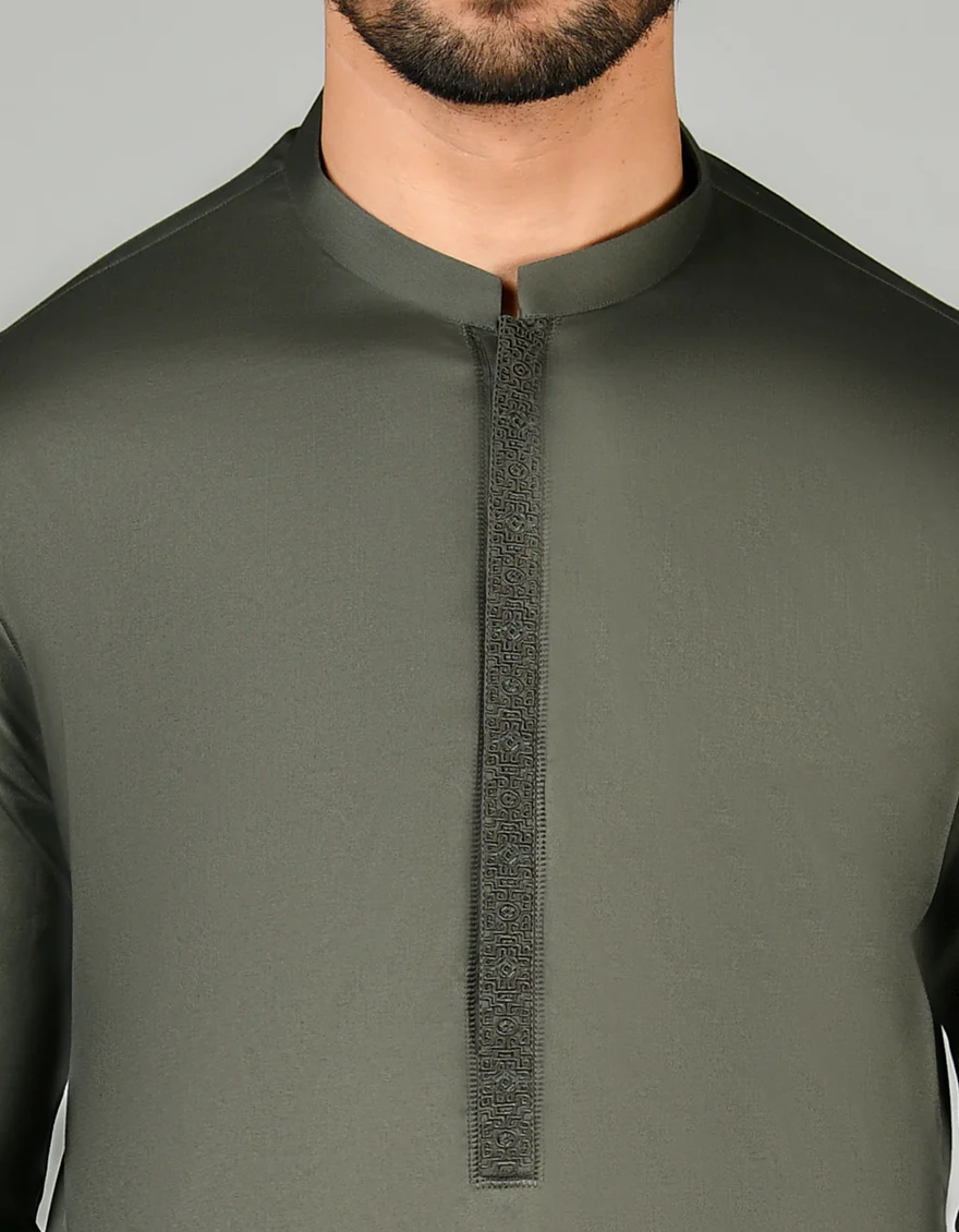 OLIVE GREEN COTTON KAMEEZ SHALWAR | JJKS-S-37815/S24/JJ8938-SF - Image 2