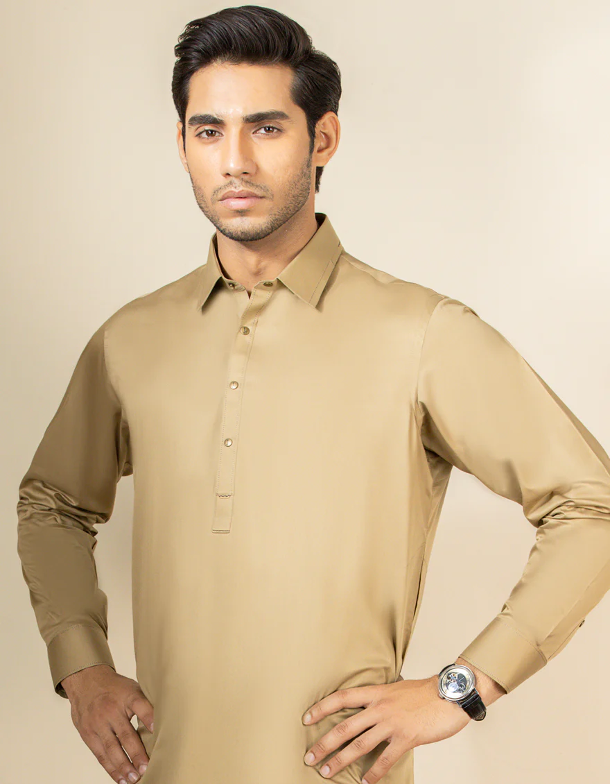 KHAKI COTTON KAMEEZ SHALWAR | JJKS-S-US-32556/S22/JJ7544-EX - Image 4