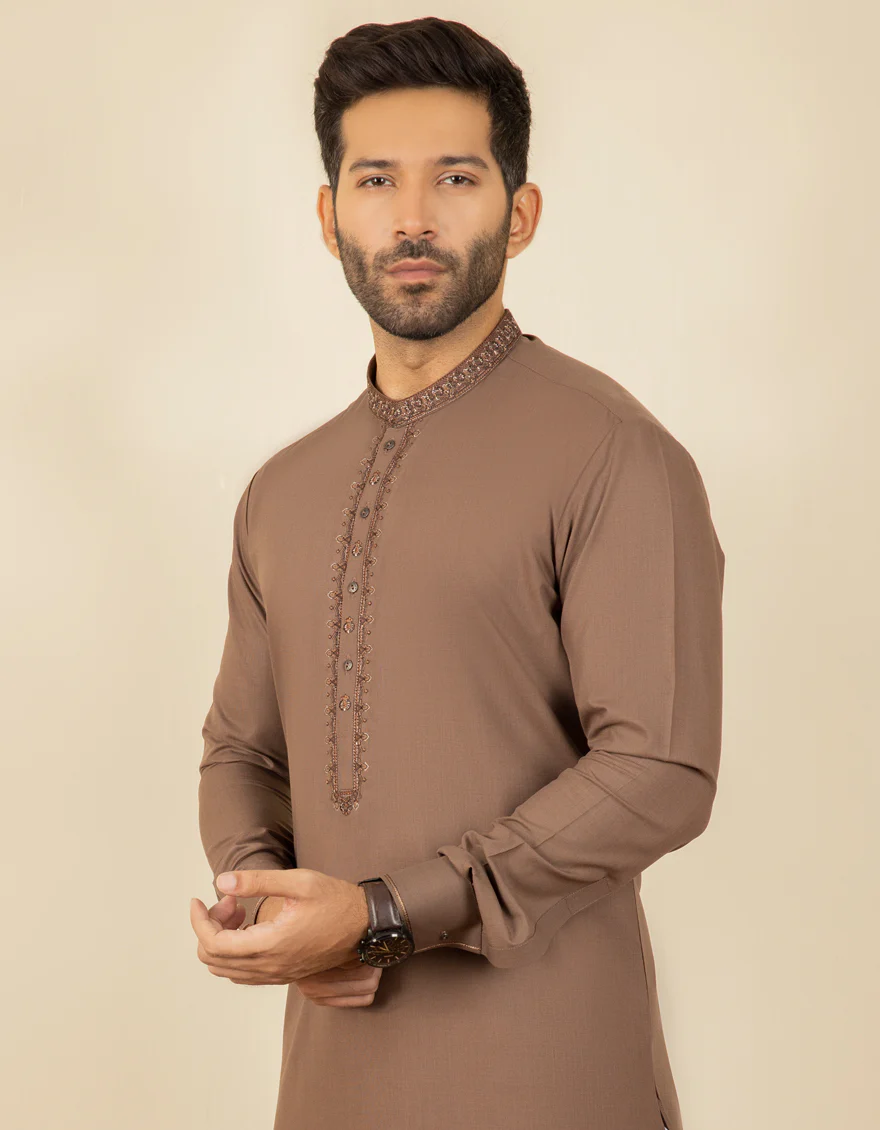 BROWN BLENDED KAMEEZ SHALWAR | JJKS-S-US-32585/S22/JJ8236-FL - Image 2