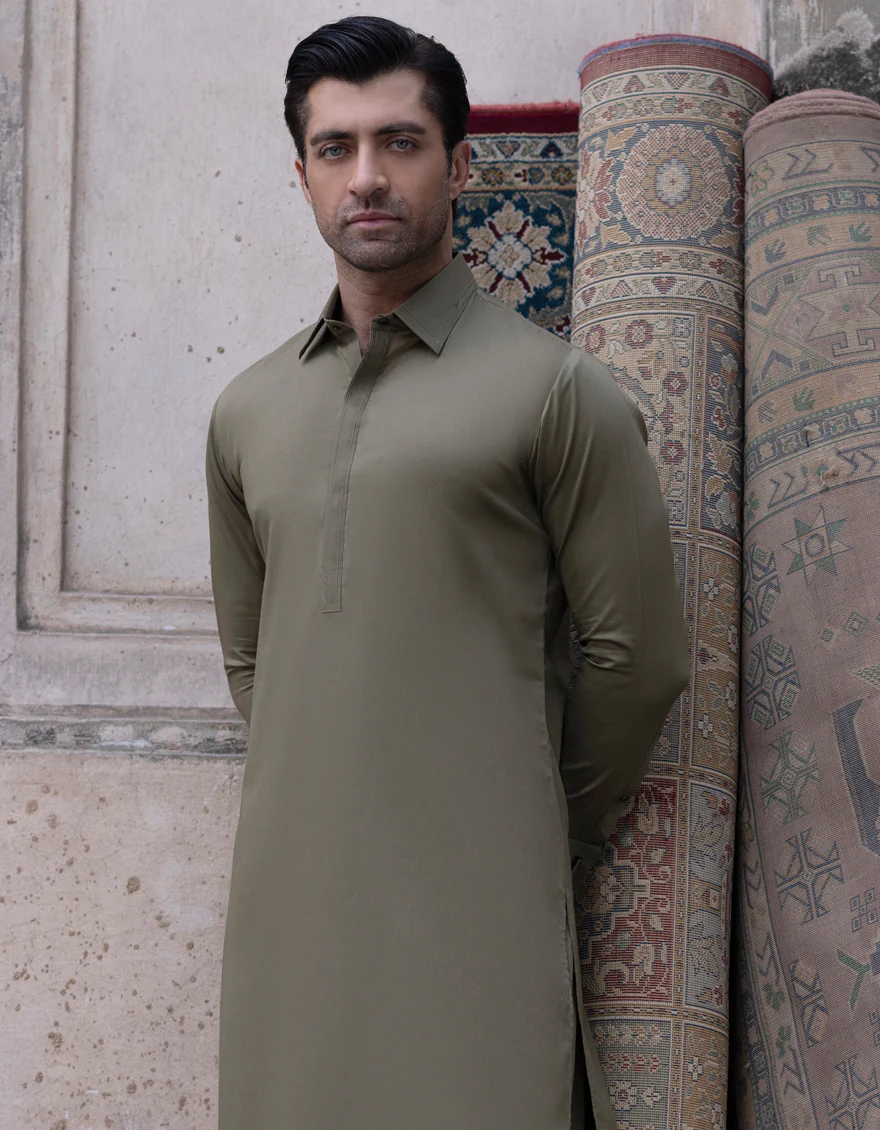 OLIVE COTTON KAMEEZ SHALWAR | JJKS-S-US-32691/S23/JJ8170-EX - Image 3