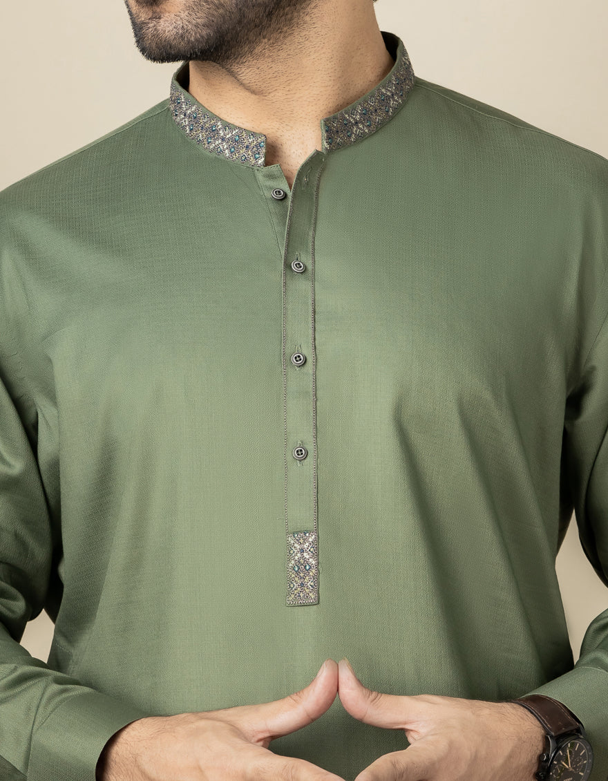 ARMY GREEN COTTON KAMEEZ SHALWAR | JJKS-S-US-34169/S22/JJ8153-SF - Image 2