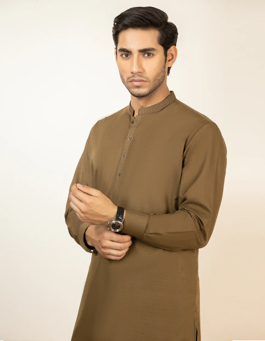 OLIVE GREEN BLENDED KAMEEZ SHALWAR | JJKS-S-US-34185/S22/JJ7619-CL - Image 2