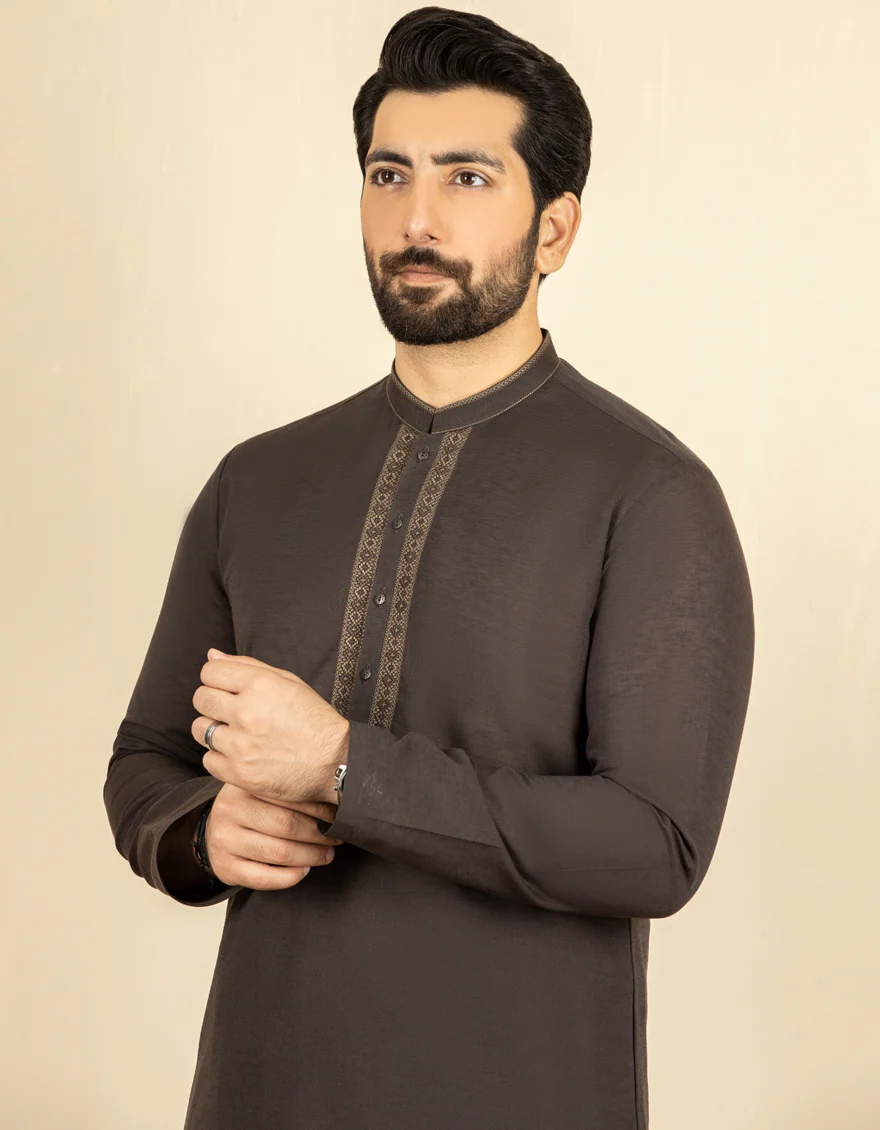 DARK BROWN BLENDED KAMEEZ SHALWAR | JJKS-S-US-34219/S22/JJ7627-SF - Image 3