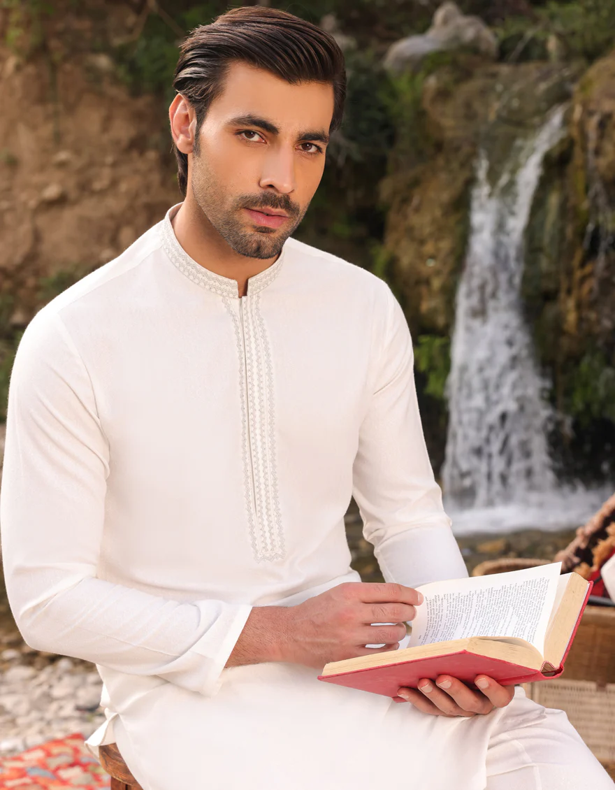 WHITE BLENDED KAMEEZ SHALWAR | JJKS-S-US-34457/S23/JJ8712-FL - Image 2