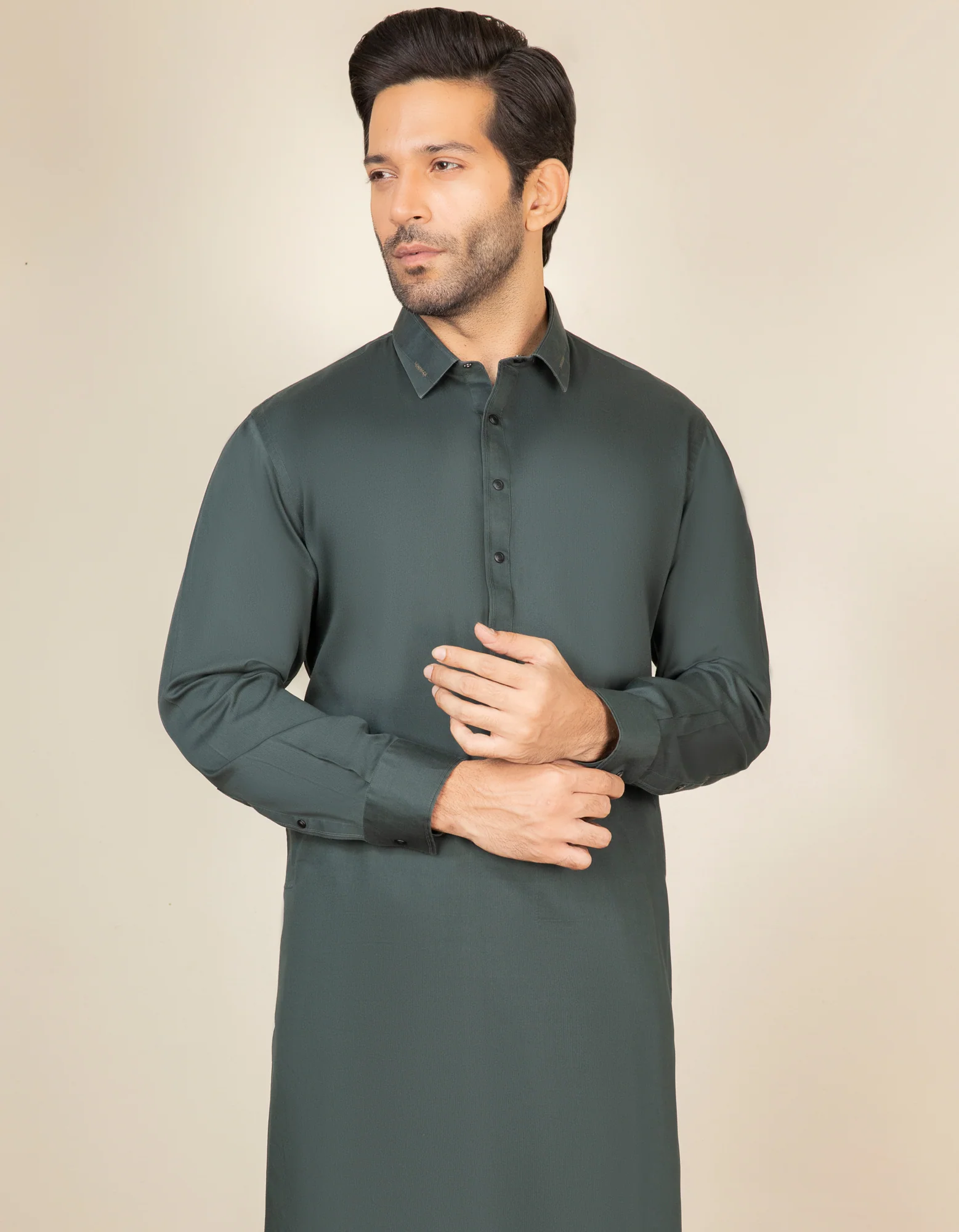 BOTTLE GREEN COTTON KAMEEZ SHALWAR | JJKS-S-US-37592/S22/JJ7545-EX - Image 3