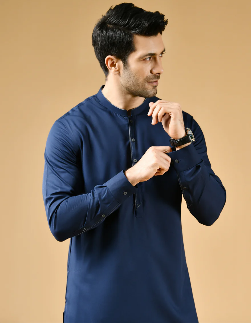 NAVY BLUE BLENDED KAMEEZ SHALWAR | JJKS-US-42395/A22/JJ8181-CL - Image 4