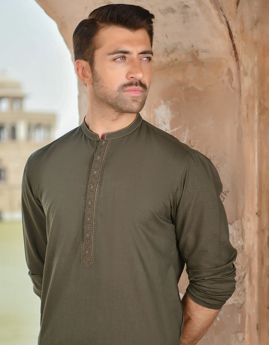 DARK OLIVE BLENDED KAMEEZ SHALWAR | JJKS-US-44079/A22/JJ8272-SF - Image 2
