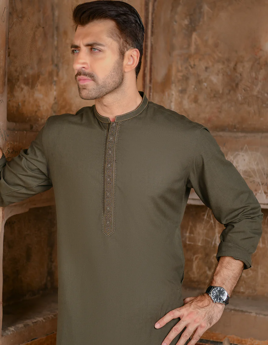 DARK OLIVE BLENDED KAMEEZ SHALWAR | JJKS-US-44079/A22/JJ8272-SF - Image 3