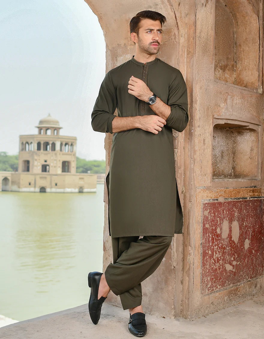 DARK OLIVE BLENDED KAMEEZ SHALWAR | JJKS-US-44079/A22/JJ8272-SF - Image 4