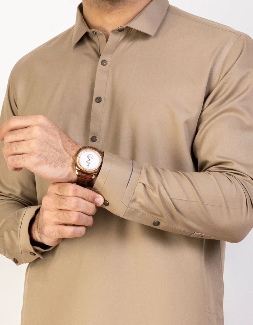 KHAKI BLENDED KAMEEZ SHALWAR | JJKS-US-44212/A23/JJ8821-PN - Image 2