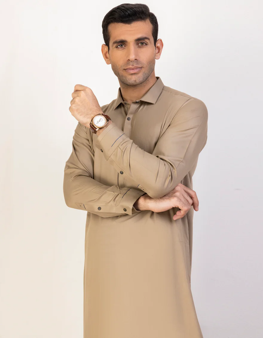 KHAKI BLENDED KAMEEZ SHALWAR | JJKS-US-44212/A23/JJ8821-PN - Image 3