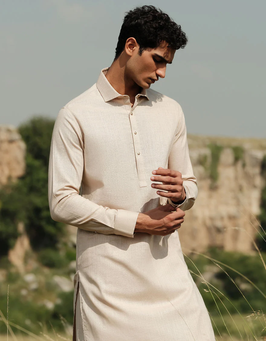 BEIGE COTTON KAMEEZ SHALWAR | JJKS-W-47363/S24/JJ9 - Image 2