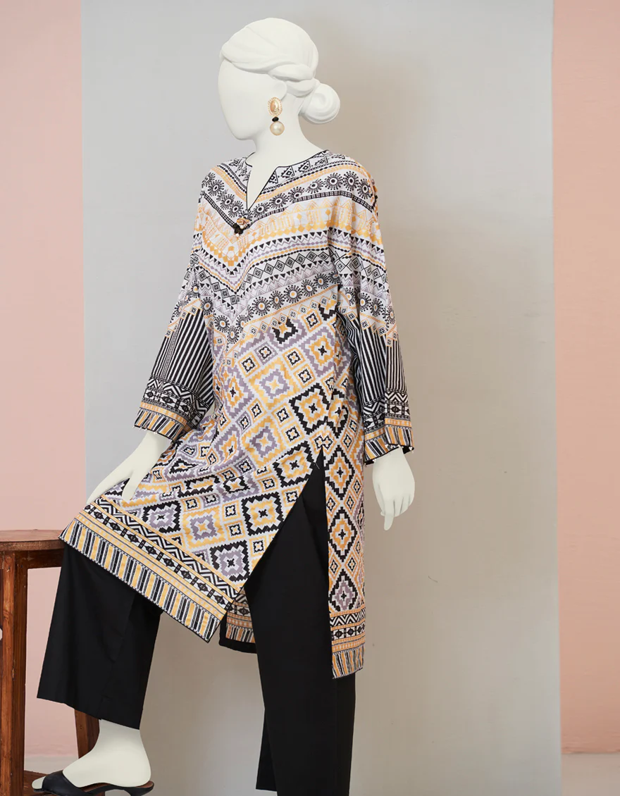 BLACK & WHITE KHADDAR KURTI | JJLK-S-JPWS-US-23-3010 FB/GOLD LINES-2 - Image 2
