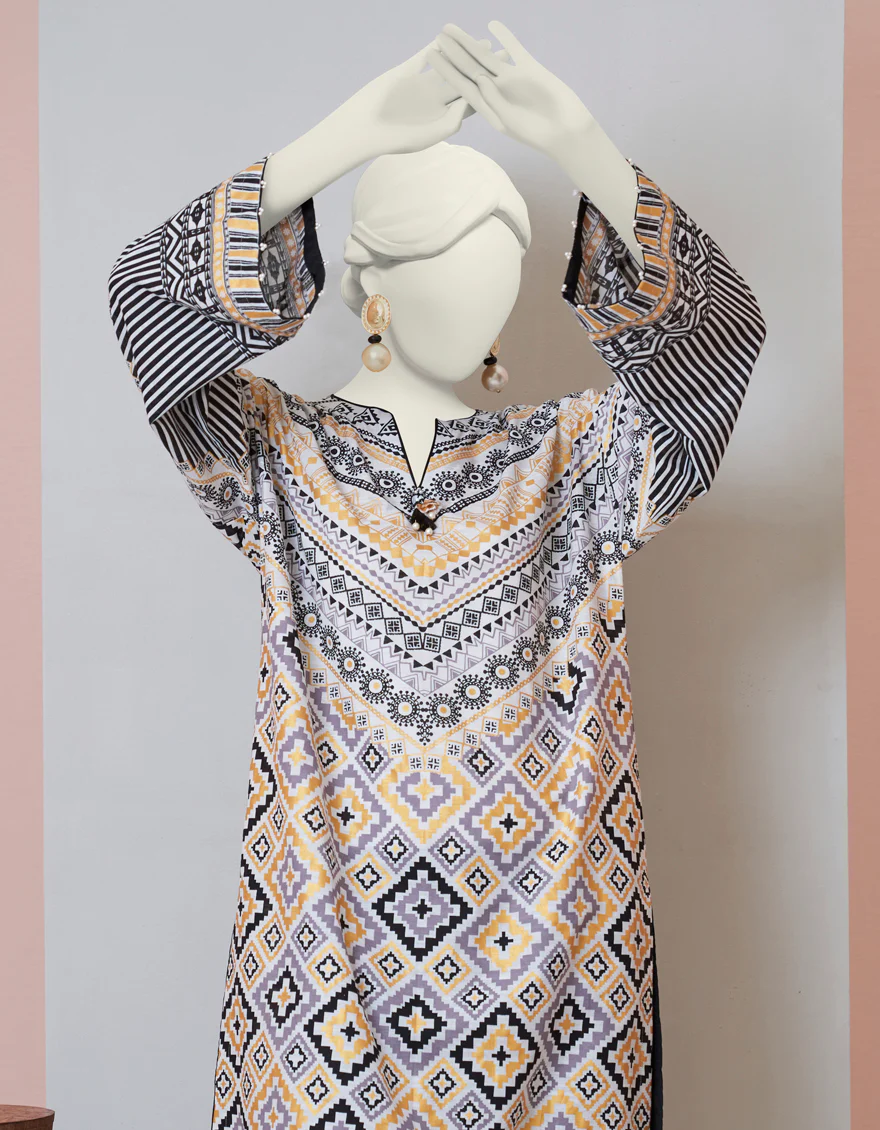 BLACK & WHITE KHADDAR KURTI | JJLK-S-JPWS-US-23-3010 FB/GOLD LINES-2 - Image 3