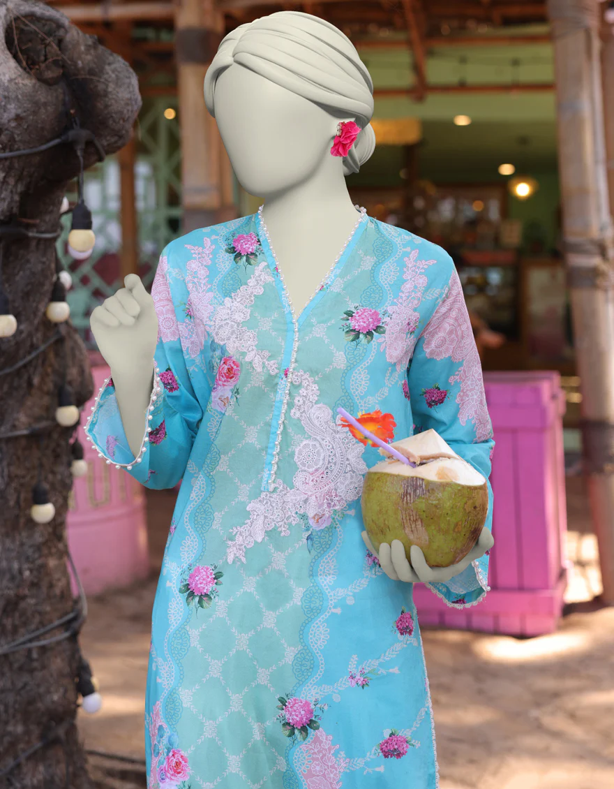 BLUE LAWN KURTI | JJLK-S-JSS-25-346 FB/ FLORAL LACE-2 - Image 2