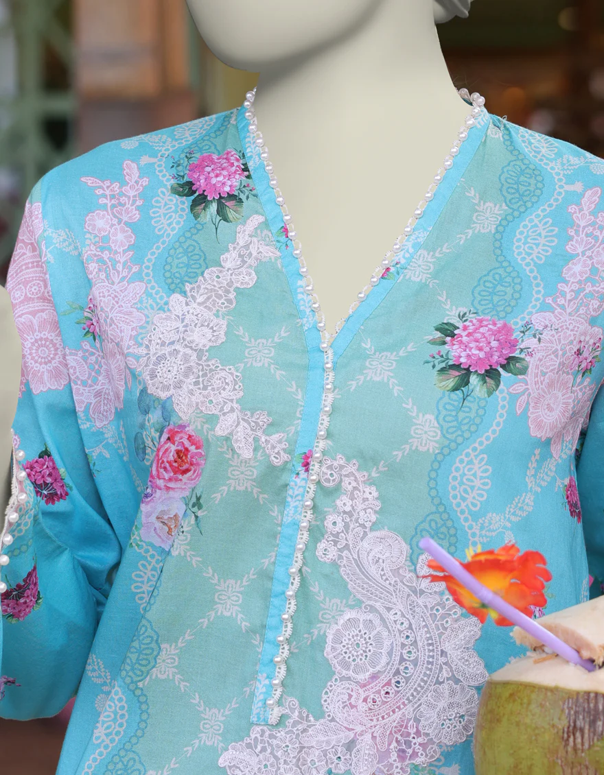 BLUE LAWN KURTI | JJLK-S-JSS-25-346 FB/ FLORAL LACE-2 - Image 3