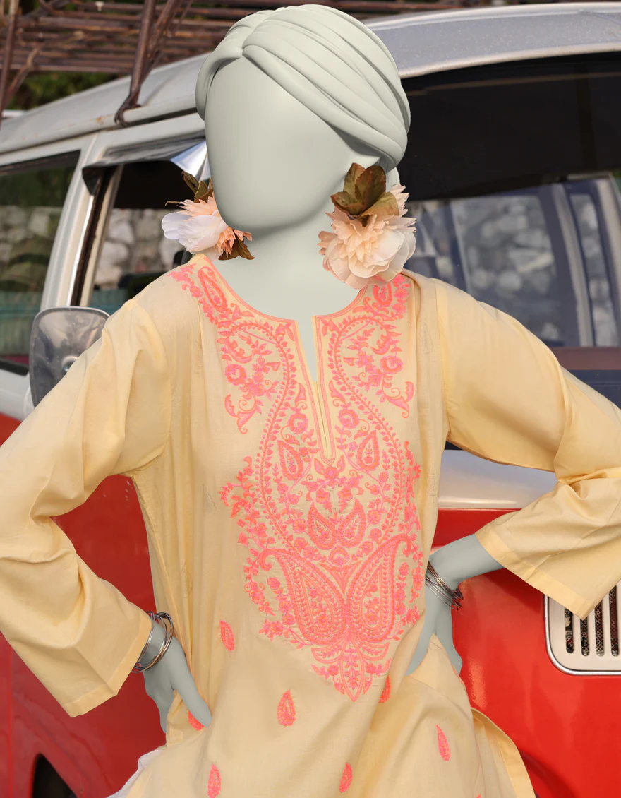 YELLOW LAWN KURTI | JJLK-S-JSS-25-349 FB/CHIKAN KARI NEON-01 - Image 2