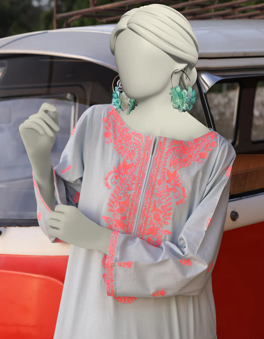 BLUE LAWN KURTI | JJLK-S-JSS-25-350 FB/CHIKAN KARI NEON-02 - Image 2