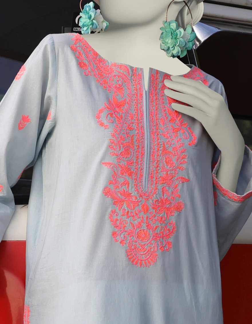 BLUE LAWN KURTI | JJLK-S-JSS-25-350 FB/CHIKAN KARI NEON-02 - Image 3