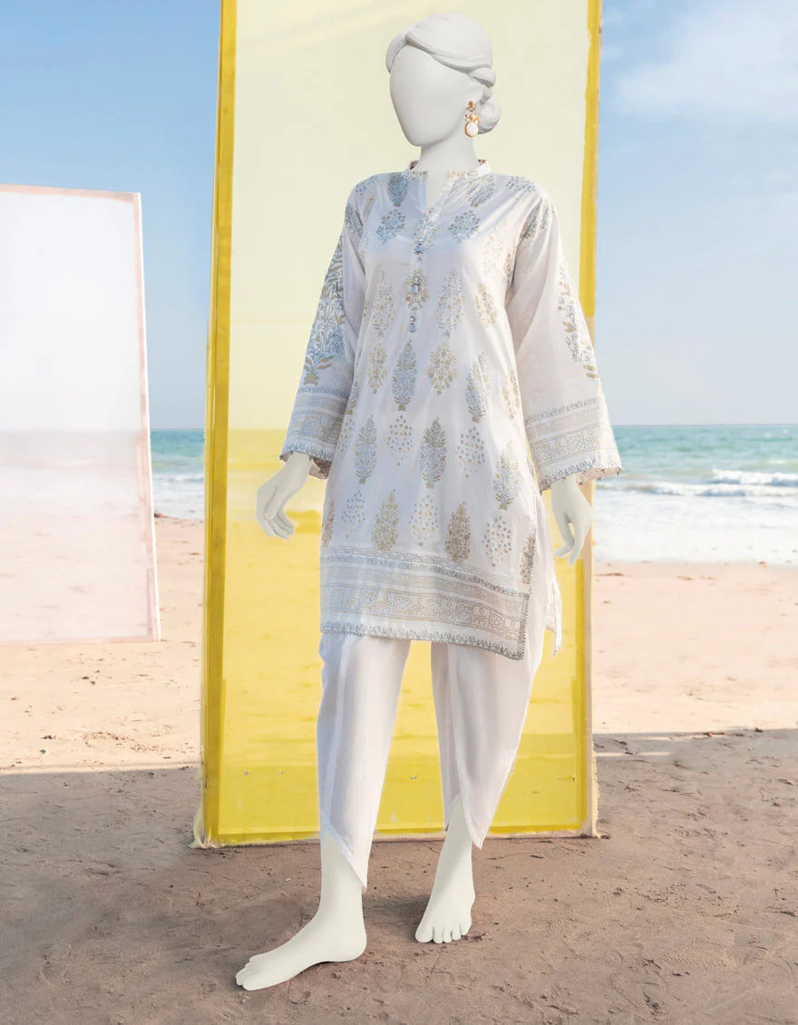 WHITE GOLD LAWN KURTI | JJLK-S-JSS-US-23-362 FB/CERISE