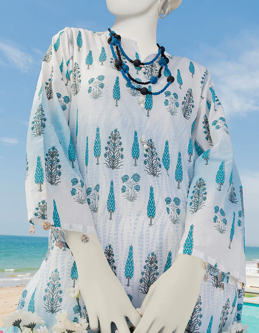 WHITE & BLUE LAWN KURTI | JJLK-S-JSS-US-23-382 FB/CHAUSSETES - Image 2