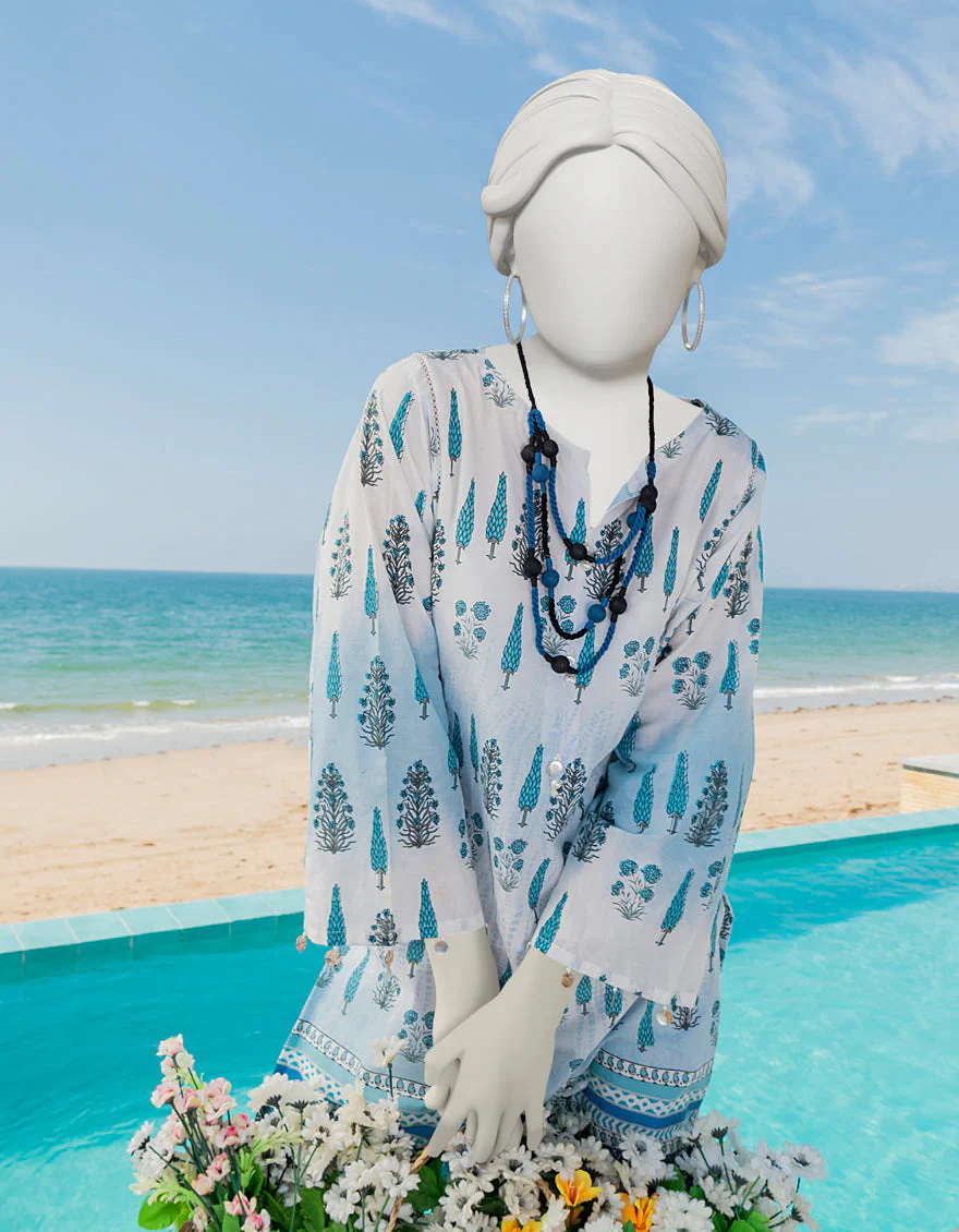 WHITE & BLUE LAWN KURTI | JJLK-S-JSS-US-23-382 FB/CHAUSSETES - Image 3