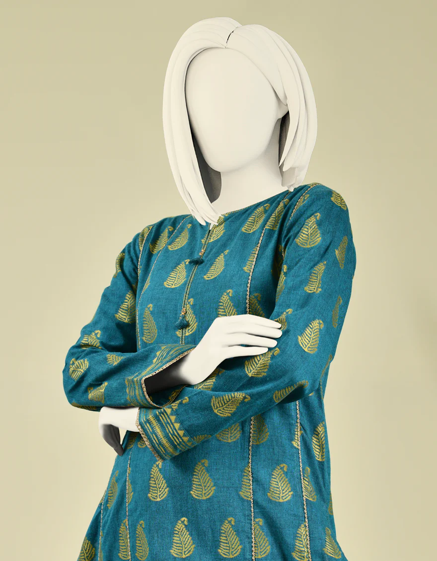 TURQUOISE JACQUARD KURTI | JJLK-W-JPWK-US-21-620 FB/BLUSH - Image 3