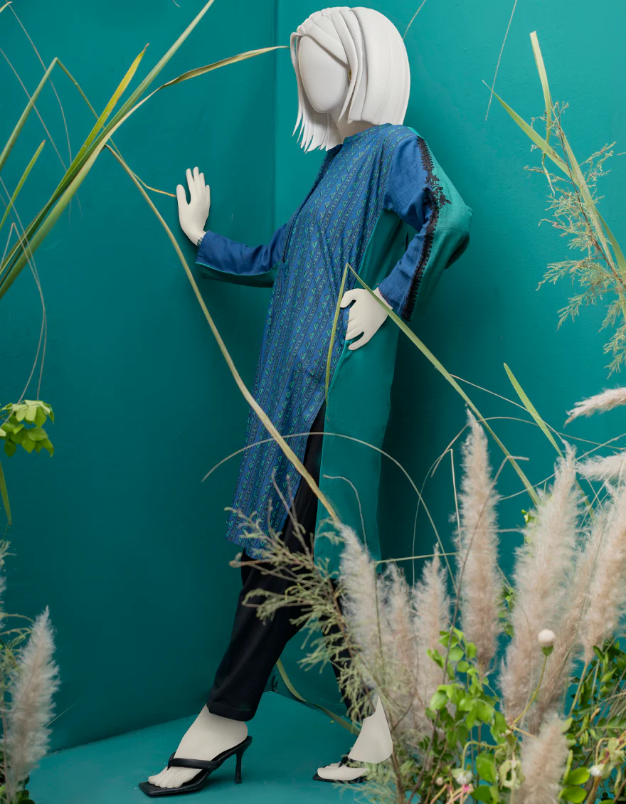 GREEN-BLUE KHADDAR KURTI | JJLK-W-JWS-US-22-3032 FB/PRUSSIAN - Image 4