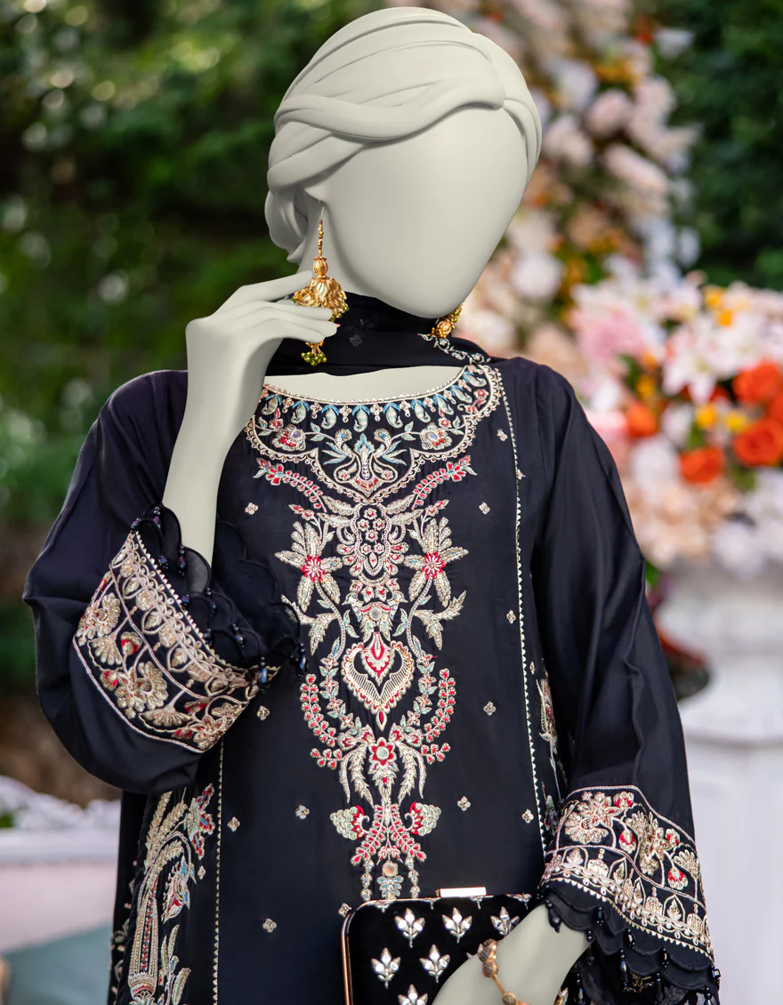 BLACK CHIFFON 3PC UNSTITCHED | JJLS-S-JFU-24-719 FB/FALAK-5 - Image 3