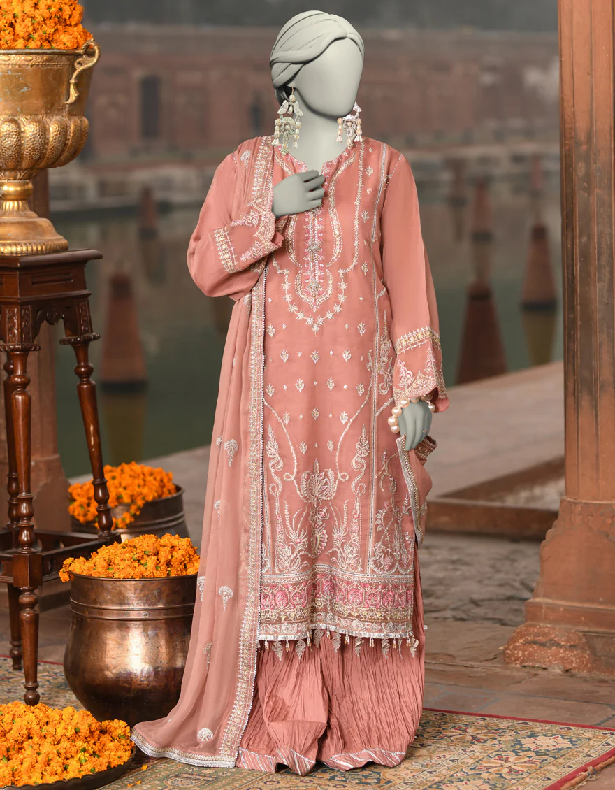 PINK ORGANZA 3PC UNSTITCHED | JJLS-S-JFU-25-701 FB/FALAK-01