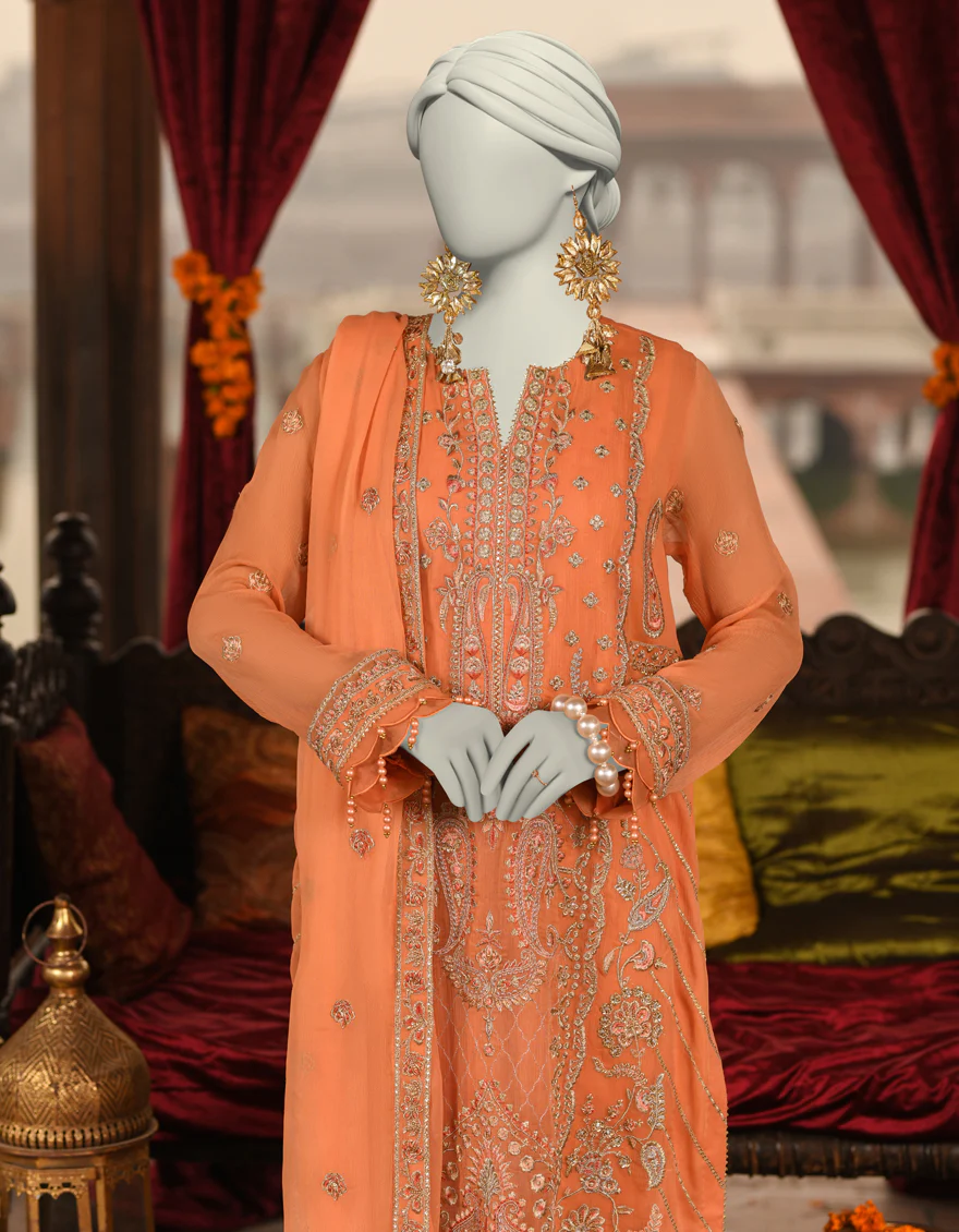 PEACH ORGANZA 3PC UNSTITCHED | JJLS-S-JFU-25-708 FB/FALAK-08 - Image 2