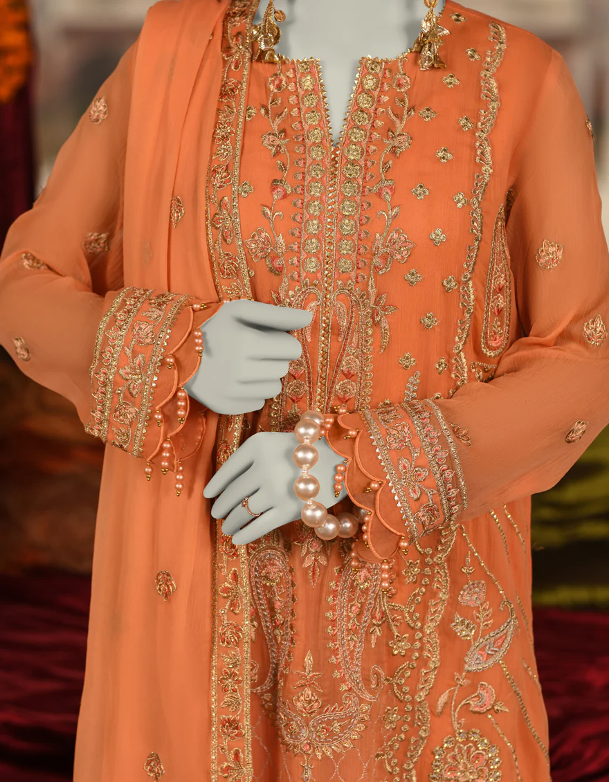PEACH ORGANZA 3PC UNSTITCHED | JJLS-S-JFU-25-708 FB/FALAK-08 - Image 3
