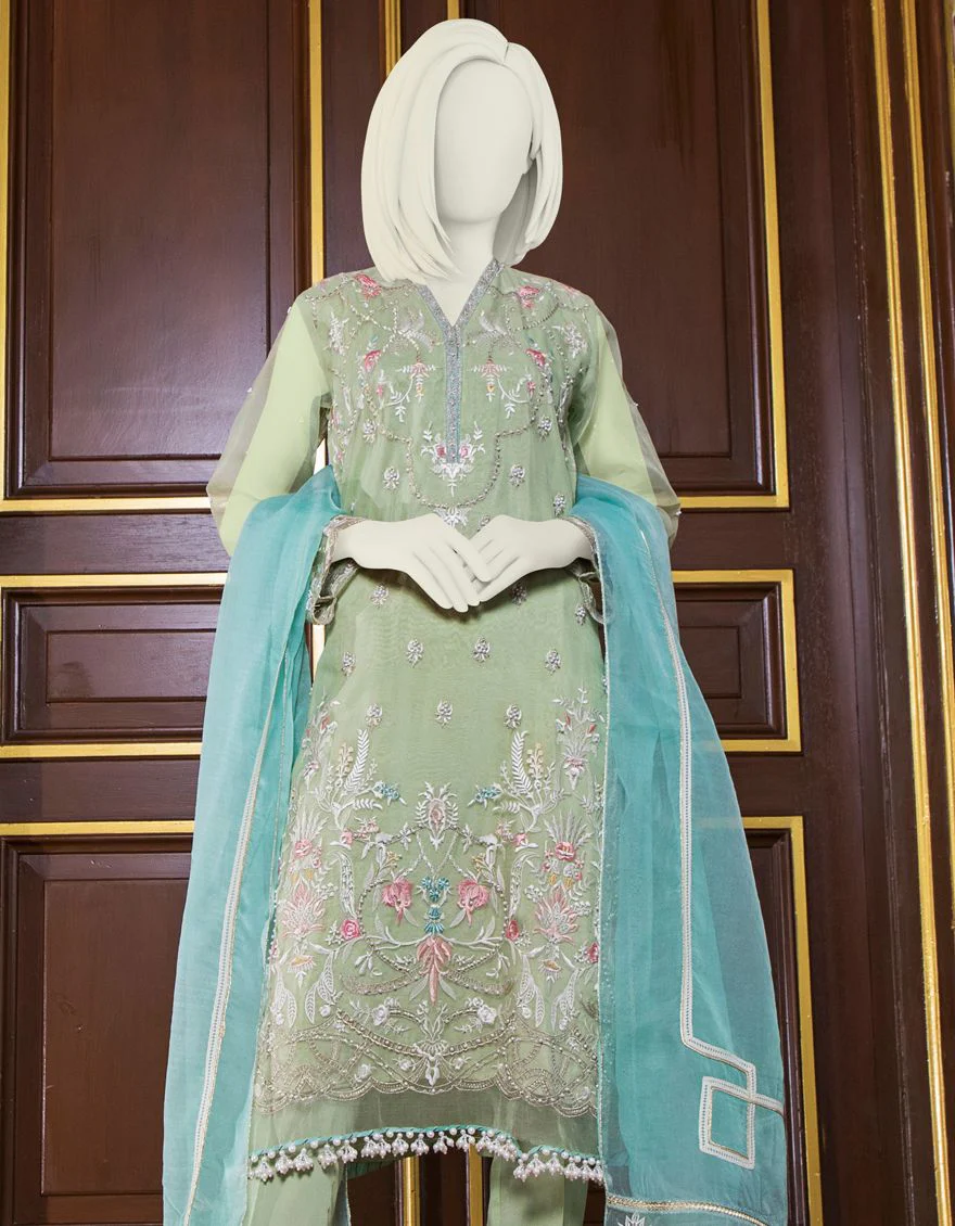 GREEN ORGANZA 3PC UNSTITCHED | JJLS-S-JFU-US-21-702 FB/MF-663 - Image 2