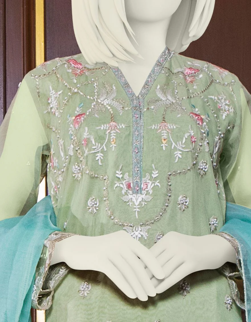 GREEN ORGANZA 3PC UNSTITCHED | JJLS-S-JFU-US-21-702 FB/MF-663 - Image 3