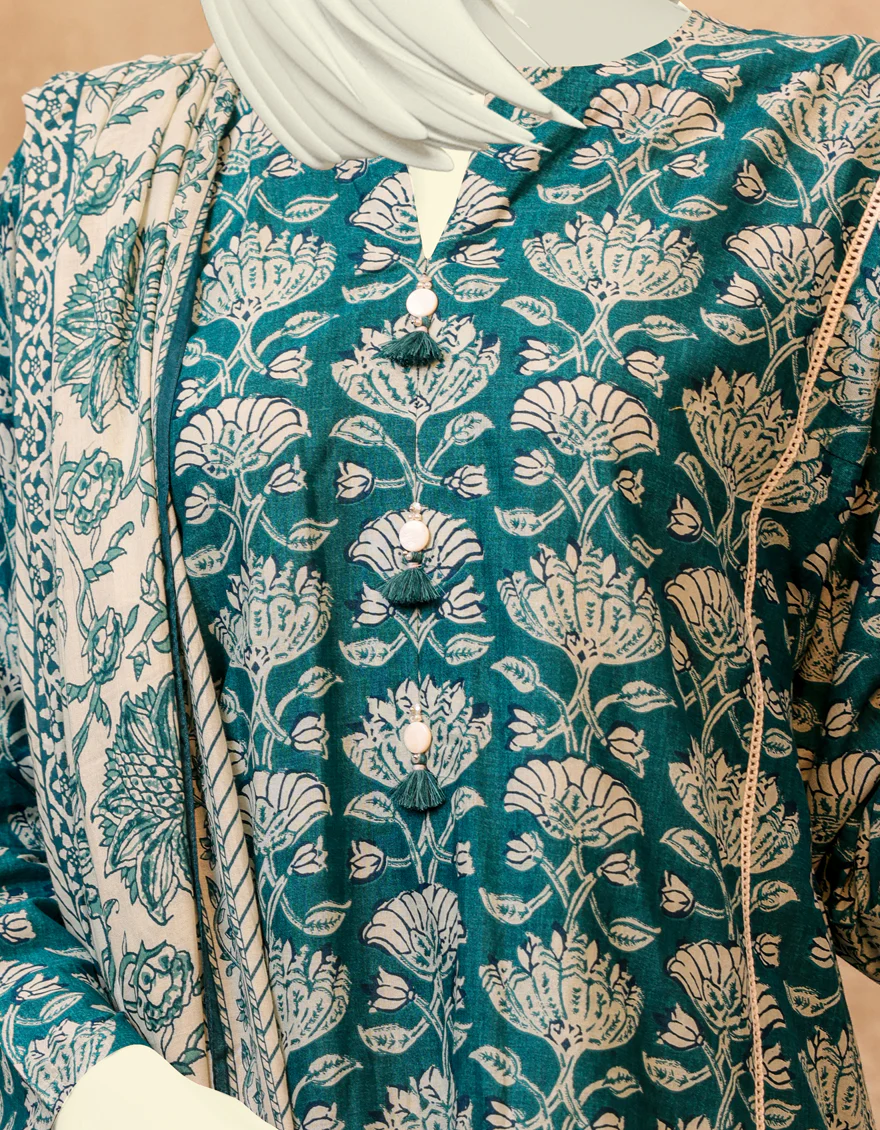 TEAL OFF WHITE LAWN 3PC UNSTITCHED | JJLS-S-JPWU-US-22-029 FB/SHEEN - Image 3