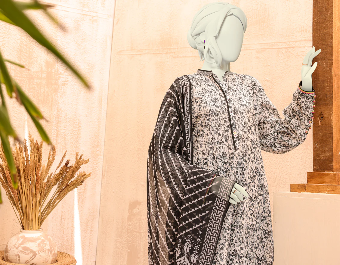 BLACK & WHITE LAWN 2PC UNSTITCHED | JJLS-S-JW2-US-22-7005 FB/HIRANUR - Image 4