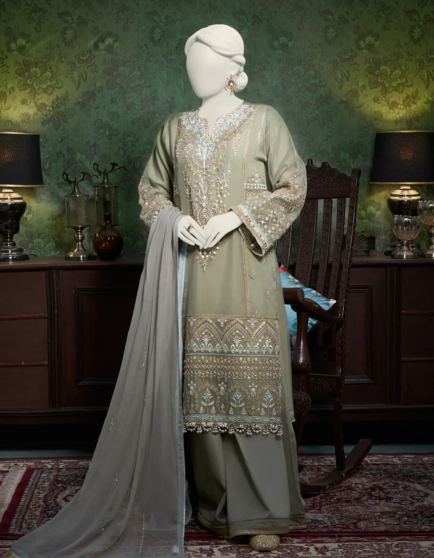 DULL GREEN LAWN 3PC UNSTITCHED | JJLS-W-JFU-US-23-710 FB/JH-241
